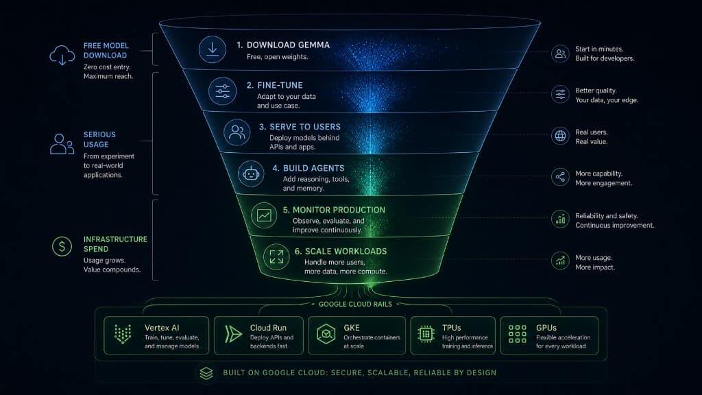 Funnel diagram showing how free Gemma downloads can turn into fine-tuning, serving, agents, production monitoring, scaled workloads, and Google Cloud infrastructure spend.
