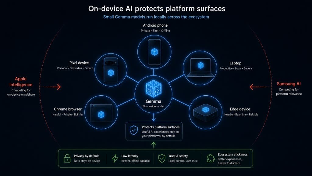 Diagram showing small Gemma models running locally across Android, Pixel, Chrome, laptops, and edge devices to protect Google's platform surfaces.