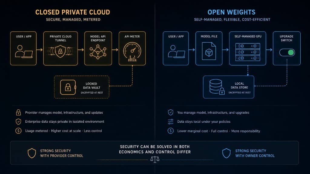 Diagram comparing closed private cloud security with open-weight ownership, showing that both can be secure while economics and control differ.