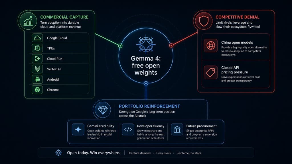 Diagram showing Gemma 4 as free open weights connected to Google's three payoffs: commercial capture, competitive denial, and portfolio reinforcement.