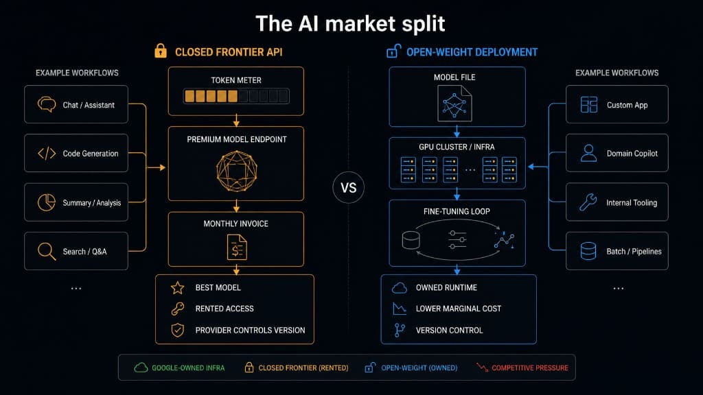 Diagram comparing closed frontier APIs with open-weight deployment across token metering, model hosting, invoices, infrastructure ownership, fine-tuning, and version control.